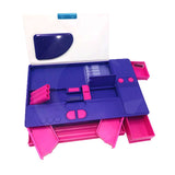 All in one pencil box for school girls inner view containing pen pencil holders and drawers, sharpeners and slots to store small items