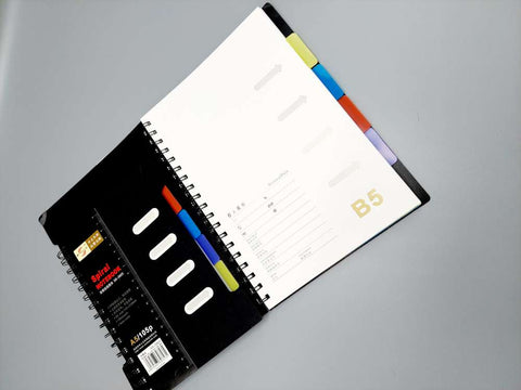 Spiral NoteBook, 5 Subject, A5 and A4 Size, Black