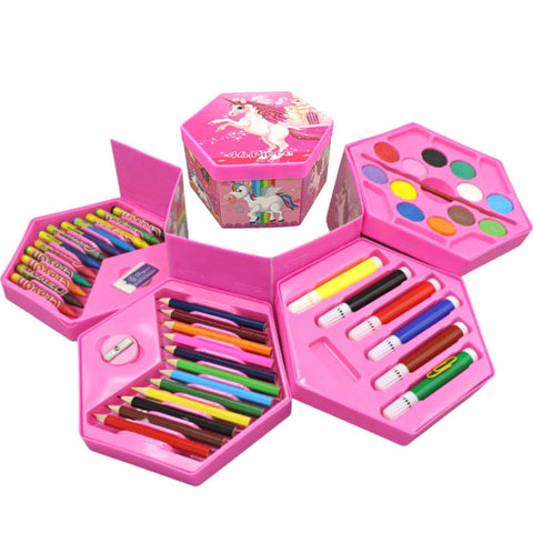 Hexagonal Coloring Box Art Kit Set Of 46 Pieces With Color Pencils, Crayons, Water Color, Marker Pens for kids